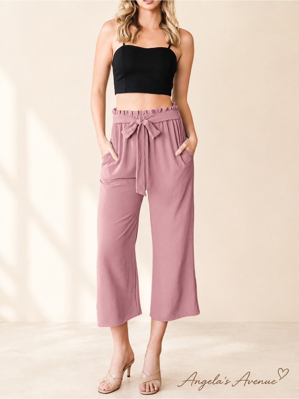 ROSE PAPERBAG TIE-WAISTBAND SOLID WOVEN CULOTTES WIDE-LEG PANTS NEW